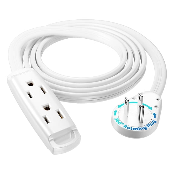 Maximm 3-Outlet 360 Rotating Flat Plug Extension Cord, 6ft, White, 14AWG Heavy Duty Flat Wire with Hanging Loop, 2-Sided Multi-Outlet Power Strip, UL Certified
