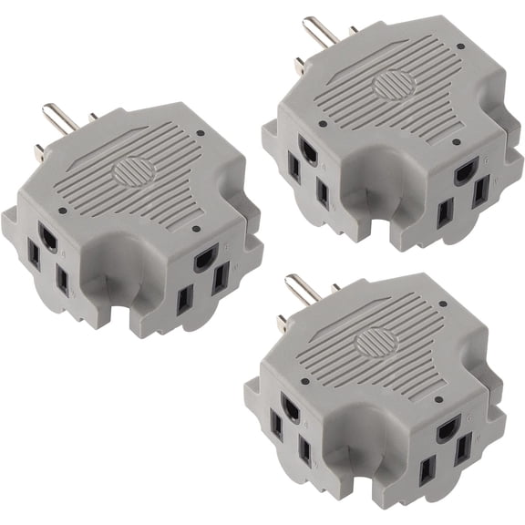 Maximm 3-Prong Wall Outlet Adapter Splitter, Heavy Duty 3-Way Electrical Multi-Plug Tap, Grey, 3-Pack