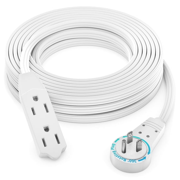 Maximm 35 ft. 16/3 Flat Extension Cord 360 Rotating Plug 3-Outlet 13A, 1625W, UL Certified, White