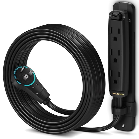Maximm 360 Degree Rotating Flat Extension Cord 10 Ft Multi 3 Outlet Power Cord with Mounting Bracket, Grounded 16 AWG UL Certified, Black