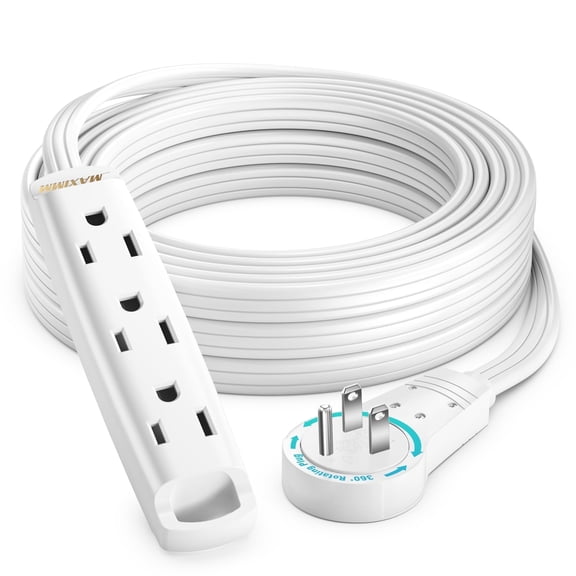 Maximm 360 Degree Rotating Flat Extension Cord 15 Ft Multi 3 Outlet Power Cord with Loop, Grounded 16 AWG UL Certified, White