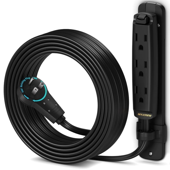 Maximm 360 Degree Rotating Flat Extension Cord 15 Ft Multi 3 Outlet Power Cord with Mounting Bracket, Grounded 16 AWG UL Certified, Black