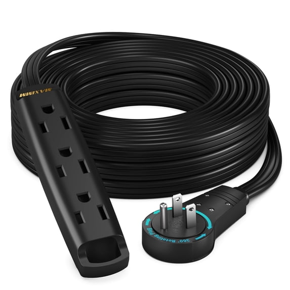 Maximm 360 Degree Rotating Flat Extension Cord 25 Ft Multi 3 Outlet Power Cord with Loop, Grounded 16 AWG UL Certified, Black