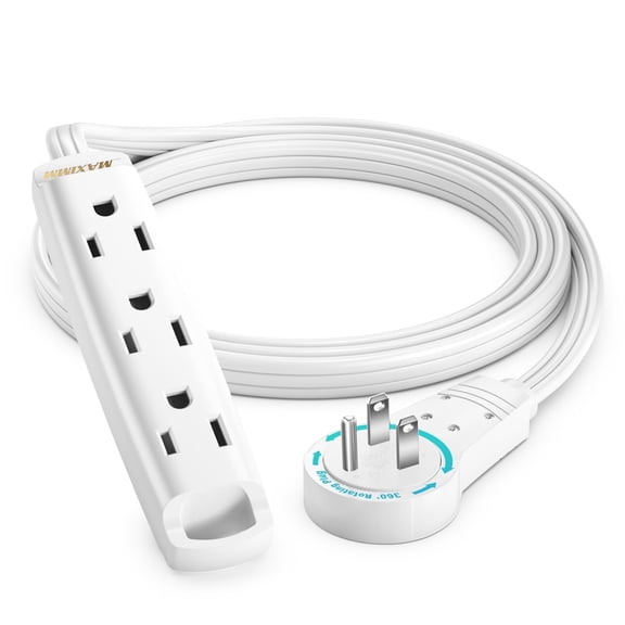 Maximm 360 Degree Rotating Flat Extension Cord 3 Ft Multi 3 Outlet Power Cord with Loop, Grounded 16 AWG UL Certified, White