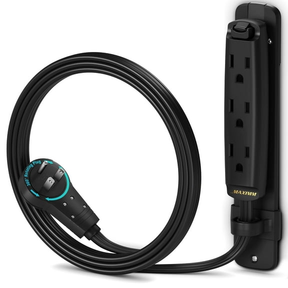 Maximm 360 Degree Rotating Flat Extension Cord 3 Ft Multi 3 Outlet Power Cord with Mounting Bracket, Grounded 16 AWG UL Certified, Black