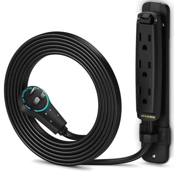 Maximm 360 Degree Rotating Flat Extension Cord 6 Ft Multi 3 Outlet Power Cord with Mounting Bracket, Grounded 16 AWG UL Certified, Black