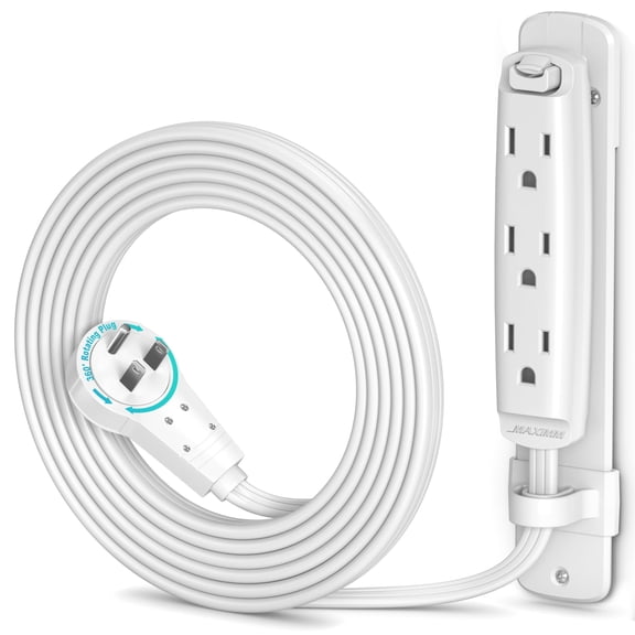 Maximm 360 Degree Rotating Flat Extension Cord 6 Ft Multi 3 Outlet Power Cord with Mounting Bracket, Grounded 16 AWG UL Certified, White