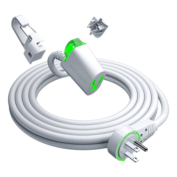 Maximm 360° Rotating Flat Plug Extension Cord 10 ft, White with LED Indicator and Removable Hook, 16 Gauge, UL Certified
