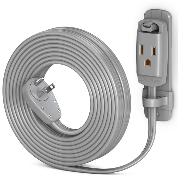 Maximm 360° Rotating Flat Plug Extension Cord, 14AWG Heavy Duty Grounded Power Strip with Hanging Loop & Wall Mount, Low Profile, 15ft, Gray