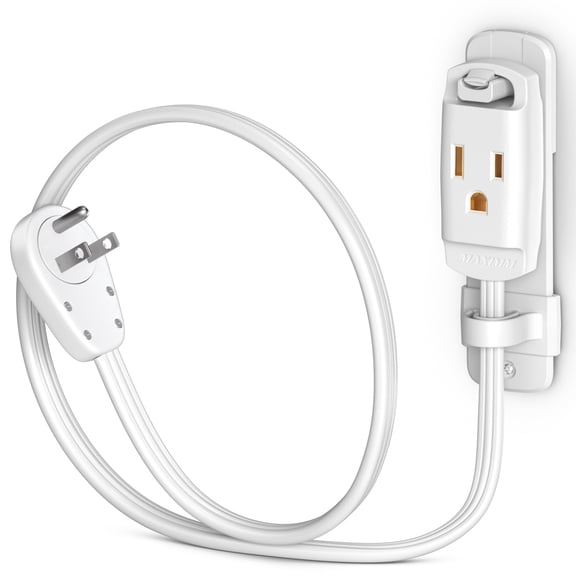 Maximm 360 Rotating Flat Plug Extension Cord, 14AWG Heavy Duty Grounded Power Strip with Hanging Loop & Wall Mount, Low Profile, 1ft, White