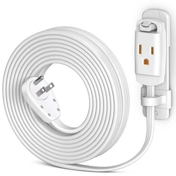 Maximm 360 Rotating Flat Plug Extension Cord, 14AWG Heavy Duty Grounded Power Strip with Hanging Loop & Wall Mount, Low Profile, 15ft, White