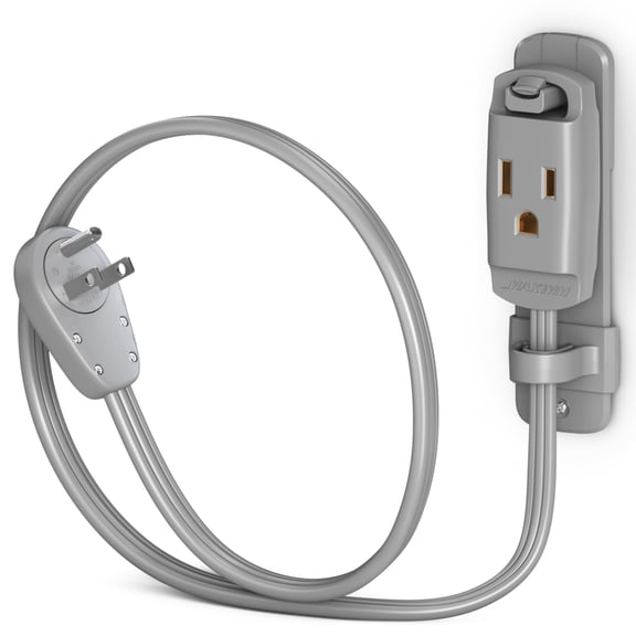 Maximm 360° Rotating Flat Plug Extension Cord, 14AWG Heavy Duty Grounded Power Strip with Hanging Loop & Wall Mount, Low Profile, 1ft, Gray