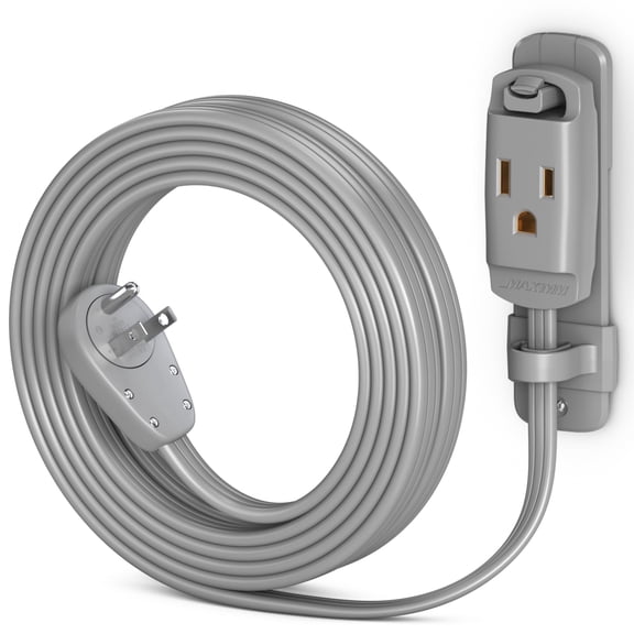Maximm 360 Rotating Flat Plug Extension Cord, 14AWG Heavy Duty Grounded Power Strip with Hanging Loop & Wall Mount, Low Profile, 10ft, Gray