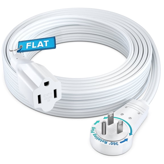 Maximm 360 Rotating Flat Plug Extension Cord - 15ft Slim Space-Saving Design, Under Carpet (White)