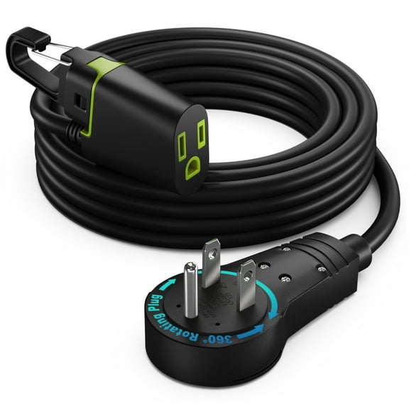 Maximm 360° Rotating Flat Plug Extension Cord 15 ft Black, with Removable Hook, 16AWG Indoor Use, UL Certified