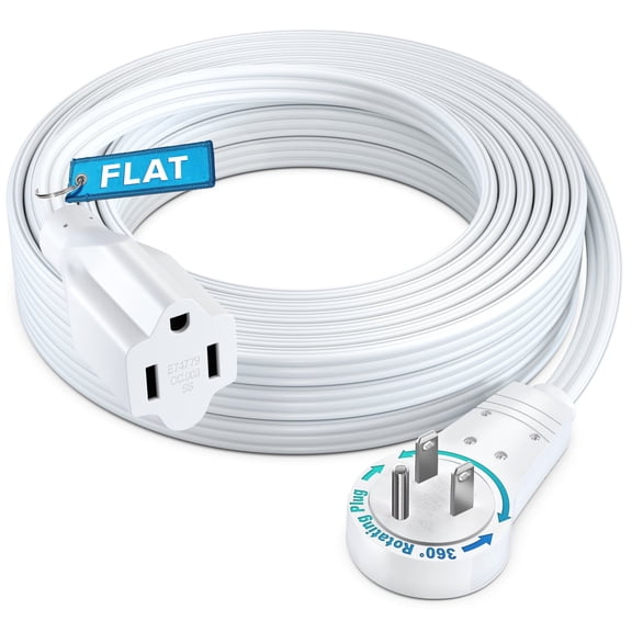 Maximm 360 Rotating Flat Plug Extension - 20ft Low Profile Cord for Under Carpet (White)