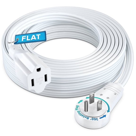 Maximm 360 Rotating Slim Flat Plug Extension Cord - 25ft, Low Profile Under Carpet (White)