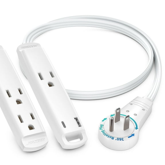 Maximm 360° Rotating Flat Plug Extension Cord 3-Outlet with USB-C and USB-A Ports 1FT, 3-Prong Flat Wire 16AWG, UL Certified (White)