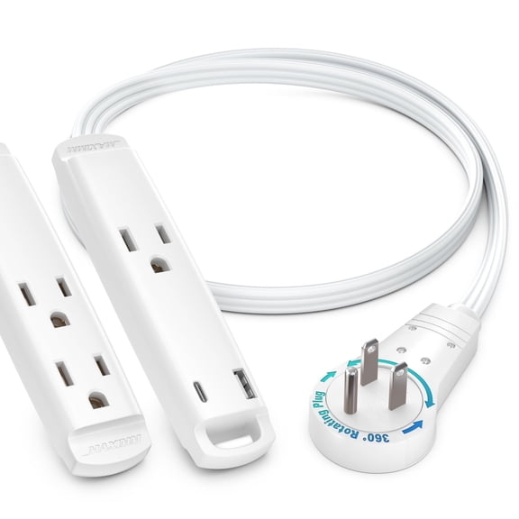 Maximm 360° Rotating Flat Plug Extension Cord 3-Outlet with USB-C and USB-A Ports 1FT, 3-Prong Flat Wire 16AWG, UL Certified (White)