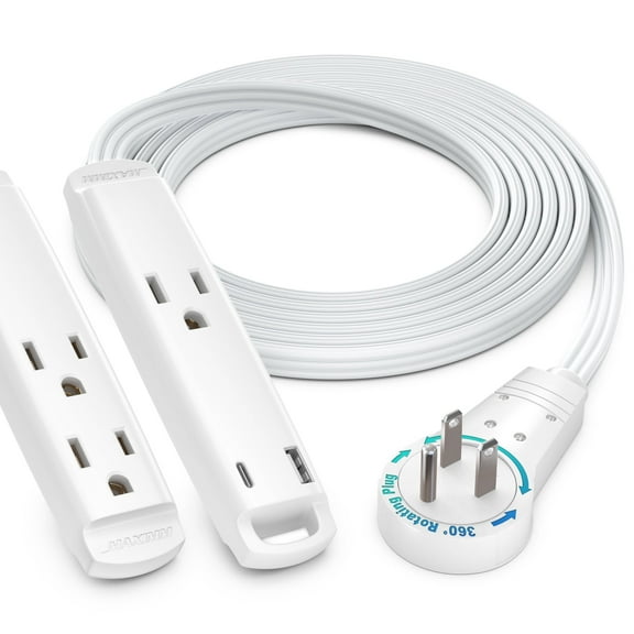 Maximm 360° Rotating Flat Plug Extension Cord 3-Outlet with USB-C and USB-A Ports 6FT, 3-Prong Flat Wire 16AWG, UL Certified (White)