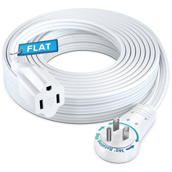 Maximm 360 Rotating Flat Plug Extension Cord, Low Profile Space-Saving Design, 30 Feet, White