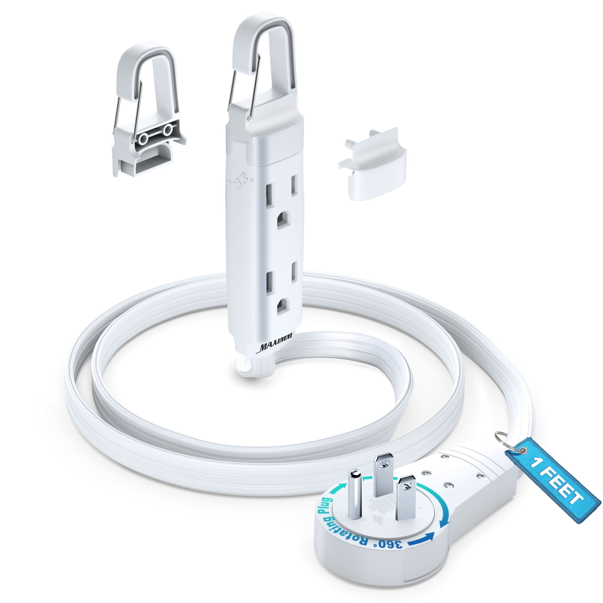Maximm 360 Rotating Flat Plug Extension Cord with a Removable Hook, White Extension Cord 1 ft (16 Gauge) UL Certified