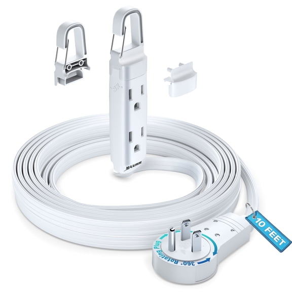 Maximm 360° Rotating Flat Plug Extension Cord with a Removable Hook, White Extension Cord 10 ft (16 Gauge) UL Certified