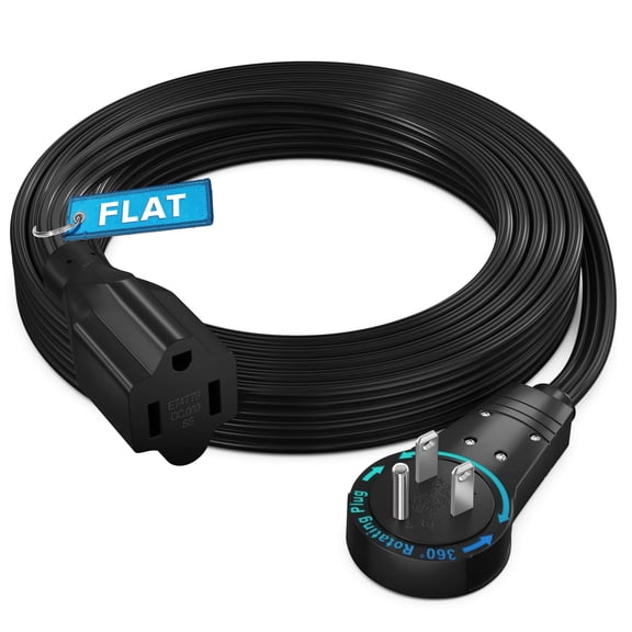 Maximm 360 Rotating Plug Extension Cord - 10ft Flat Design, Space-Saving Low Profile for Under Carpet (Black)
