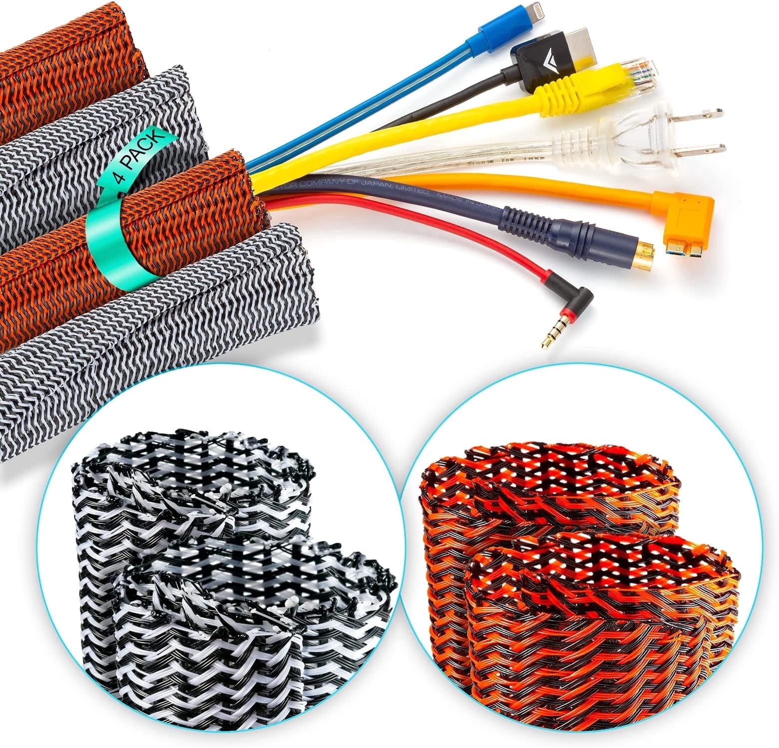 3ft Sign Post Maximm 3ft Cable Management Sleeve 4-Pack, 1 inch Expandable Braided ...