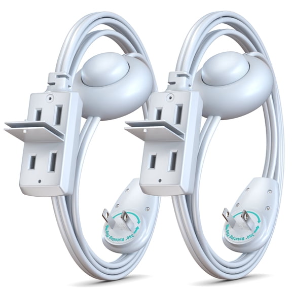 Maximm 6ft Extension Cord with On/Off Switch 360 Rotating Flat Plug, 2-Prong Multiple Outlets, Safety Cover UL Certified White 2 Pack