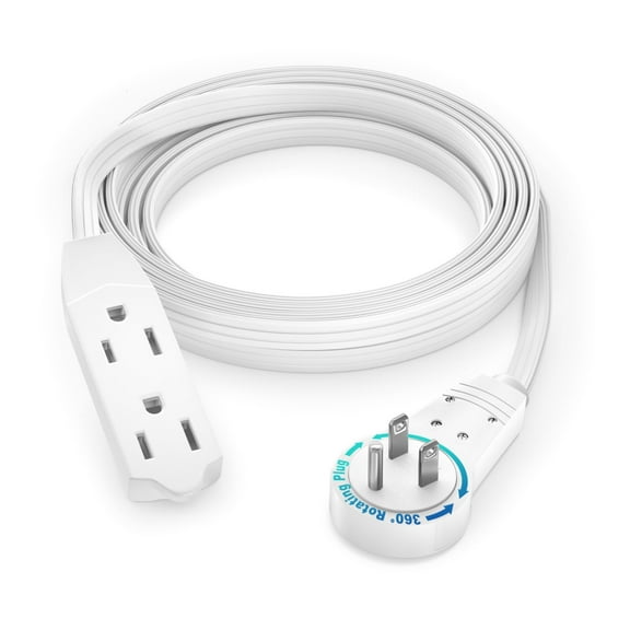 Maximm 8 ft. 16/3 Flat Extension Cord 360 Rotating Plug 3-Outlet 13A, 1625W, UL Certified, White