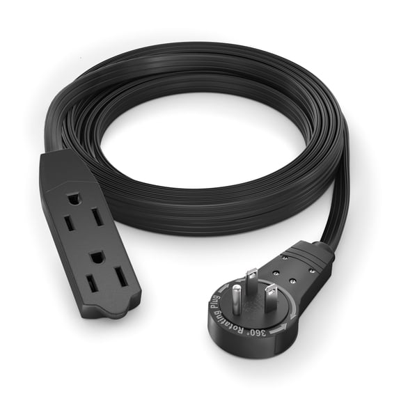 Maximm Cable 8 Ft 360° Rotating Flat Plug Extension Cord / Wire, 16 AWG Multi 3 Outlet Extension Wire, 3 Prong Grounded Wire - Black - UL Certified