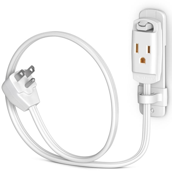 Maximm 90° Flat Plug Extension Cord, 14AWG Heavy Duty Grounded Power Strip with Mounting Loop & Wall Mount, Low Profile Right Angle Plug for Behind Furniture, 1ft, White