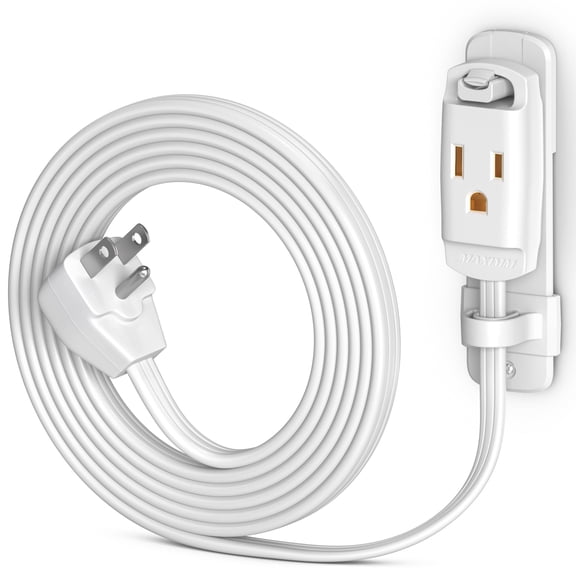 Maximm 90° Flat Plug Extension Cord, 14AWG Heavy Duty Grounded Power Strip with Mounting Loop & Wall Mount, Low Profile Right Angle Plug for Behind Furniture, 6ft, White