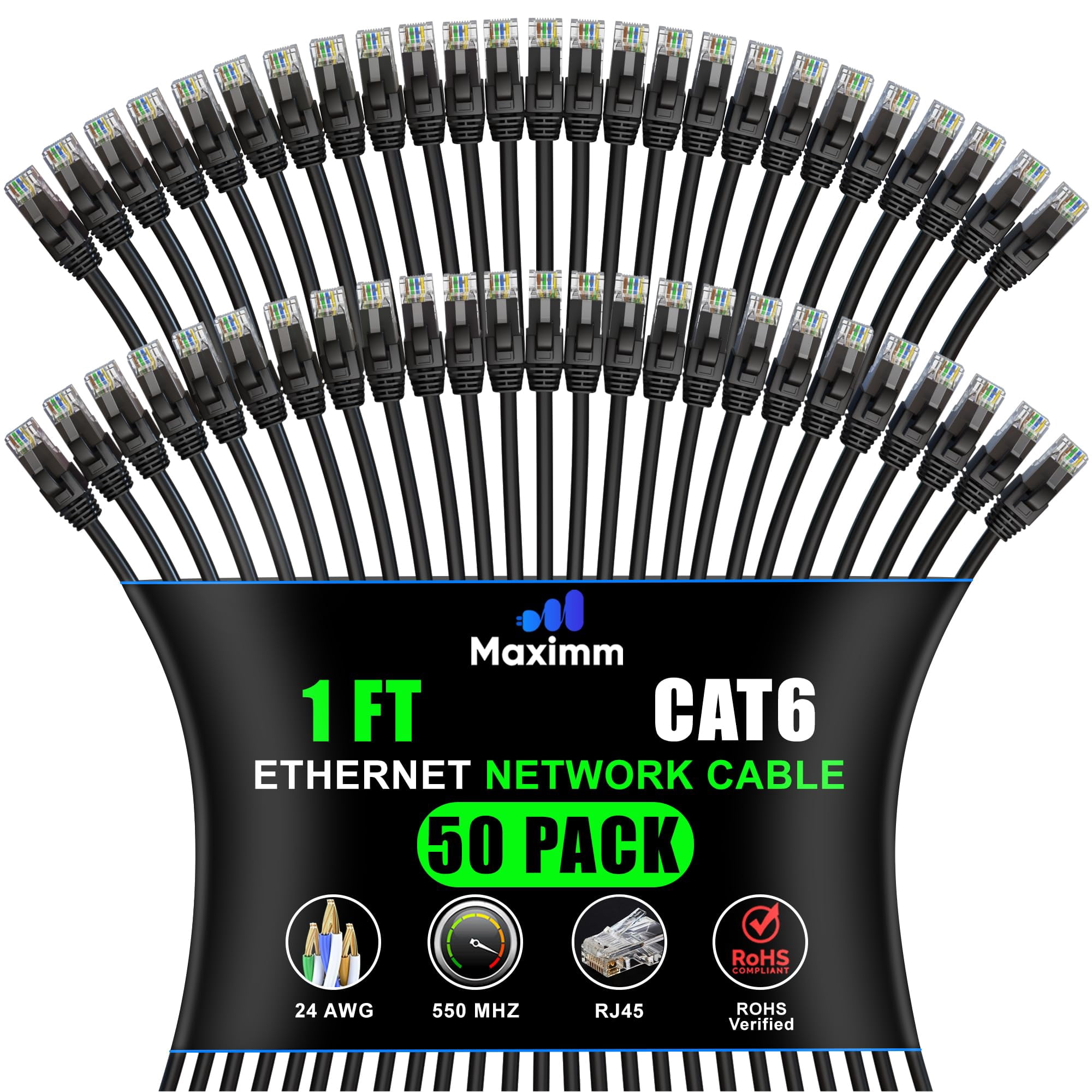 Maximm Cat 6 Ethernet Cable 1 Ft, (50-Pack) Cat6 Cable, LAN Cable, Internet Cable, Patch Cable and Network Cable - UTP (Black) 1 Foot ethernet Cord