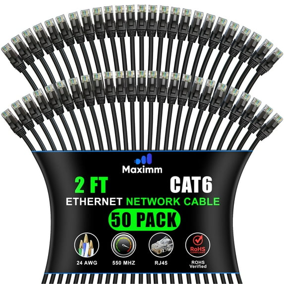 Maximm Cat 6 Ethernet Cable - 2 ft (50-Pack) - High-Speed LAN, Internet, Patch, and Network Cable - UTP, 10Gbps, 550MHz Ethernet Cord - Black