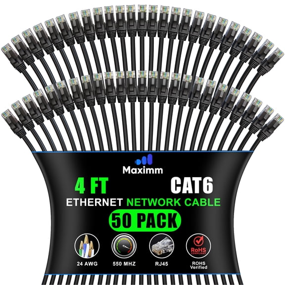 Maximm Cat 6 Ethernet Cable - 4 ft (50-Pack) - High-Speed LAN, Internet, Patch, and Network Cable - UTP, 10Gbps, 550MHz Ethernet Cord - Black