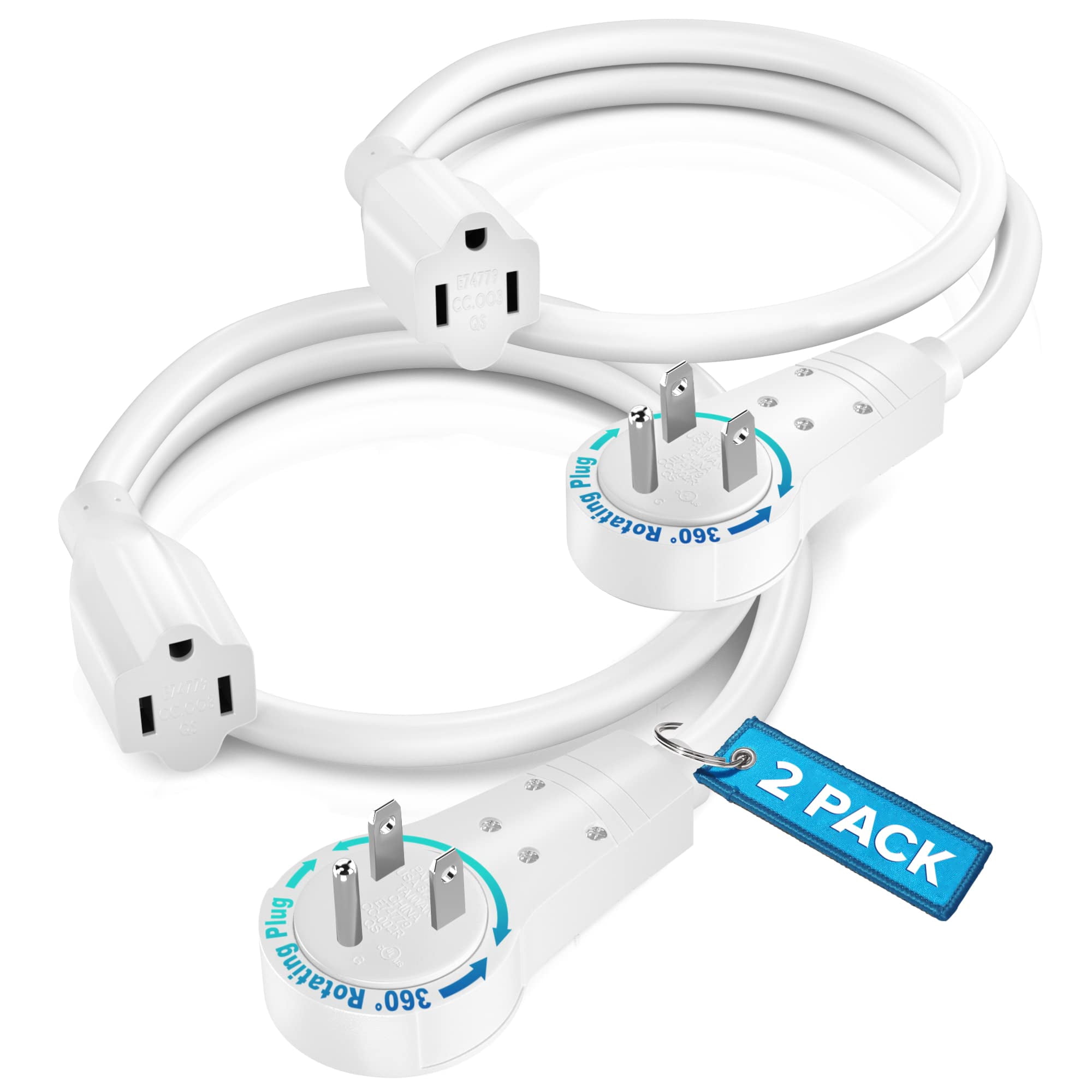 Maximm Cable 0.5 Feet 14Awg 360° Rotating Flat Plug Extension Cord/Wire, 3 Prong Grounded Wire, Heavy Duty Extension Cord - UL Certified - White, 2 Pack