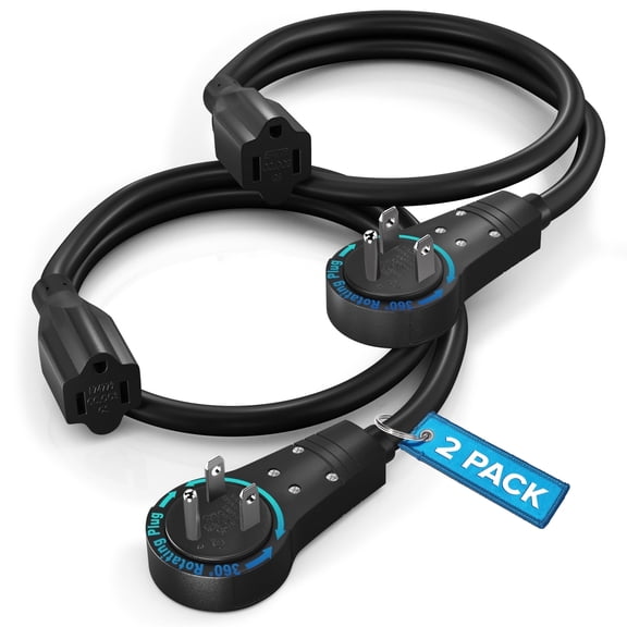 Maximm Cable 0.5 Feet 360° Rotating Flat Plug Extension Cord/Wire, 3 Prong Grounded Wire 16 Awg Power Cord - Black UL Certified