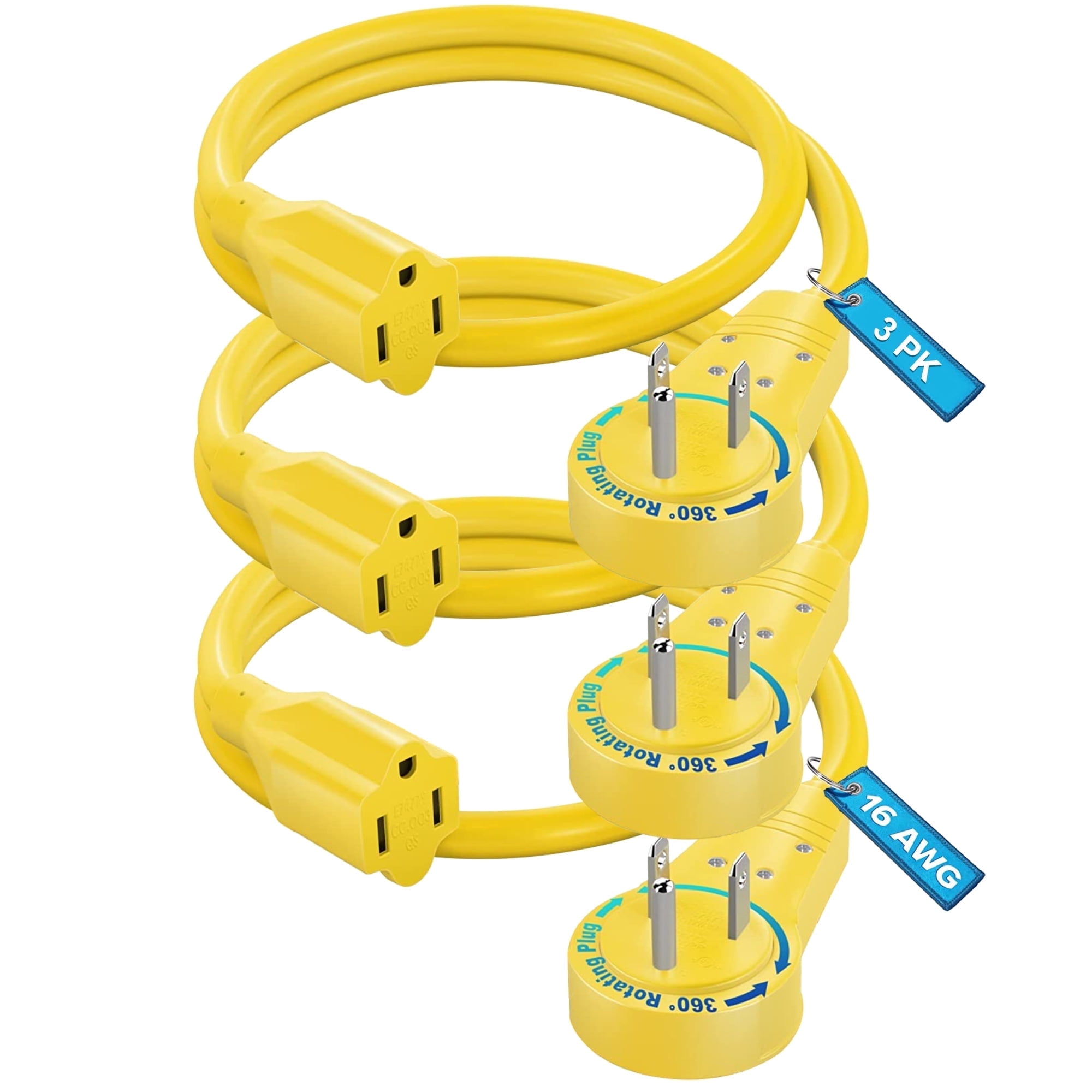 Maximm Cable 0.5 Foot 360° Rotating Flat Plug Extension Cord/Wire, 3 Prong Grounded Wire 16 Awg Power Cord - Yellow - 3 Pack - UL Certified