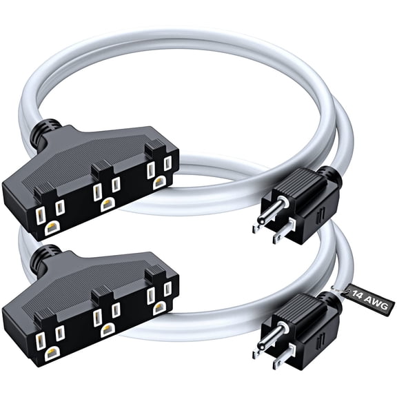 Maximm Cable 1 ft Safety Extension Cord with Multiple Outlets White 14/3 SJTW, 14 Gauge Heavy Duty Indoor Power Cords ETL (2 Pack)