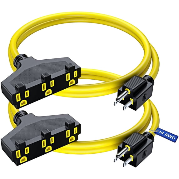 Maximm Cable 1 ft Safety Extension Cord with Multiple Outlets Yellow 14/3 SJTW, 14 Gauge Heavy Duty Indoor Power Cords ETL (2 Pack)