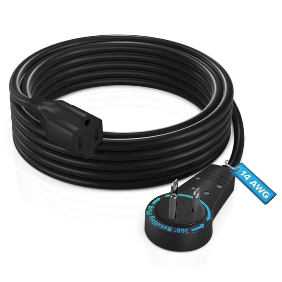 Maximm Extension Cord 10 Feet 360° Rotating Flat Plug, 3-Prong Grounded Power Cable UL Certified, 13A 125V, Heavy Duty 14AWG Wire Black