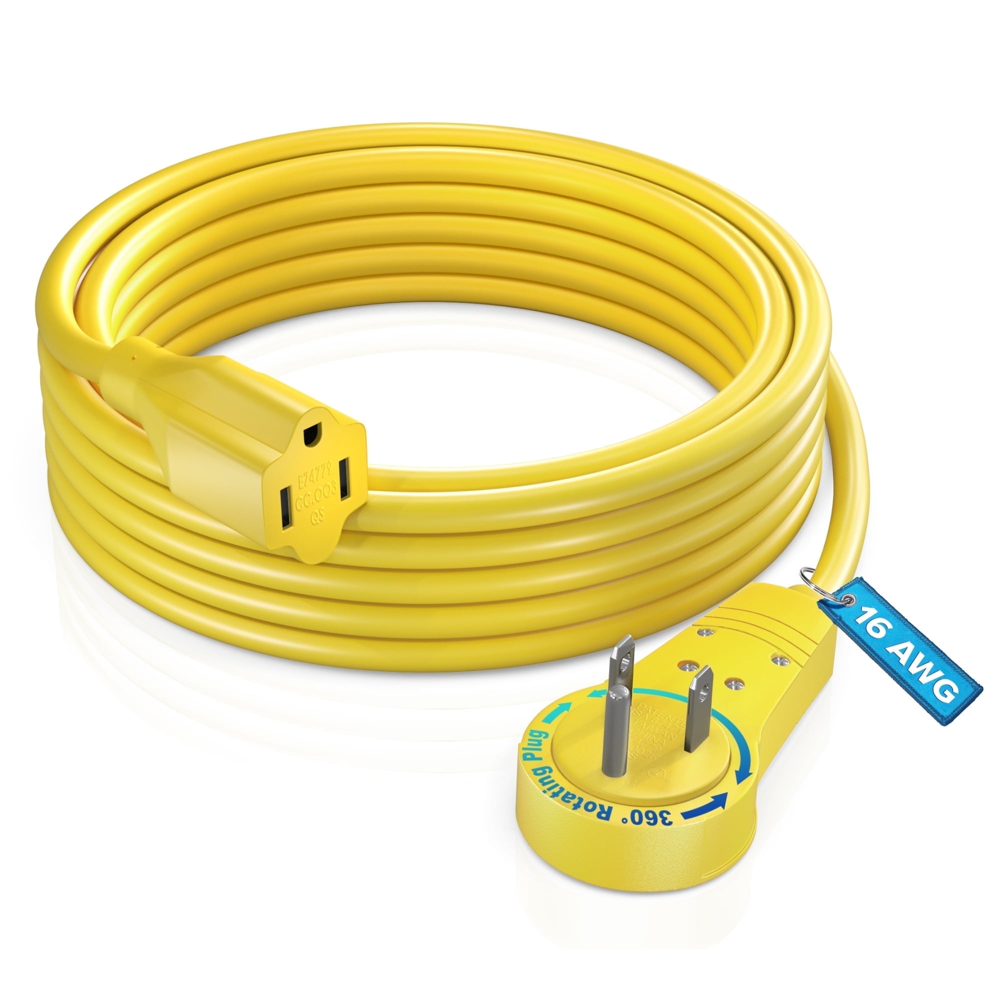 Maximm Cable 10 Feet 360° Rotating Flat Plug Extension Cord/Wire, 3 Prong Grounded Wire 16 Awg Power Cord - Yellow - UL Certified