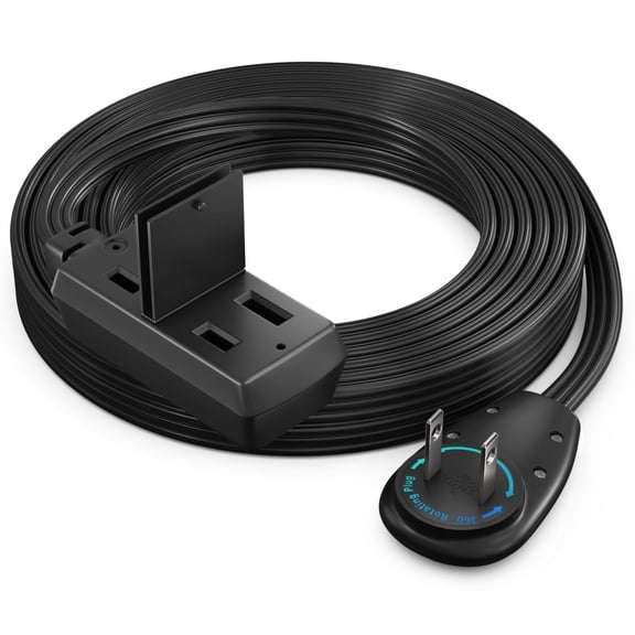 Maximm Cable 12ft 360° Rotating Flat Plug Extension Cord/Wire, 16 AWG Multi 3 Outlet Extension Wire, 2 Prong with Safety Cover - Black - UL Certified
