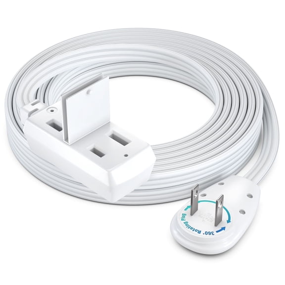 Maximm Cable 12ft 360° Rotating Flat Plug Extension Cord/Wire, 16 AWG Multi 3 Outlet Extension Wire, 2 Prong with Safety Cover - White - UL Certified
