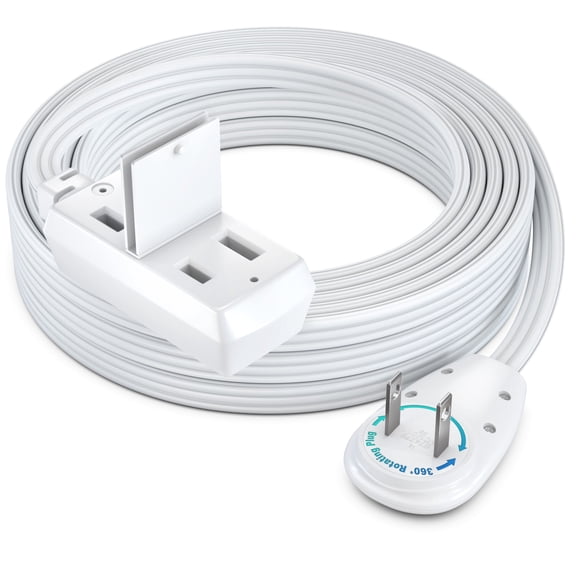 Maximm Cable 15ft 360° Rotating Flat Plug Extension Cord/Wire, 16 AWG Multi 3 Outlet Extension Wire, 2 Prong with Safety Cover - White - UL Certified