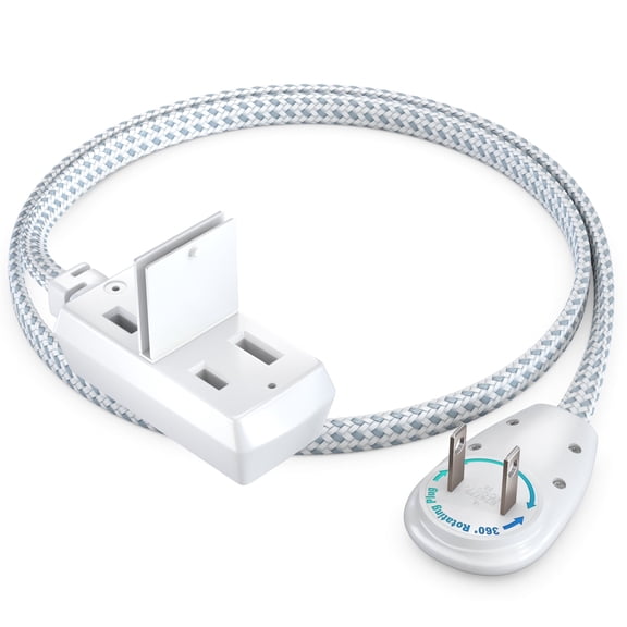 Maximm Cable 1ft 360° Rotating Flat Plug Extension Cord/Wire, 16 AWG Multi 3 Outlet Extension Wire Braided, 2 Prong with Safety Cover - Gray - UL Certified