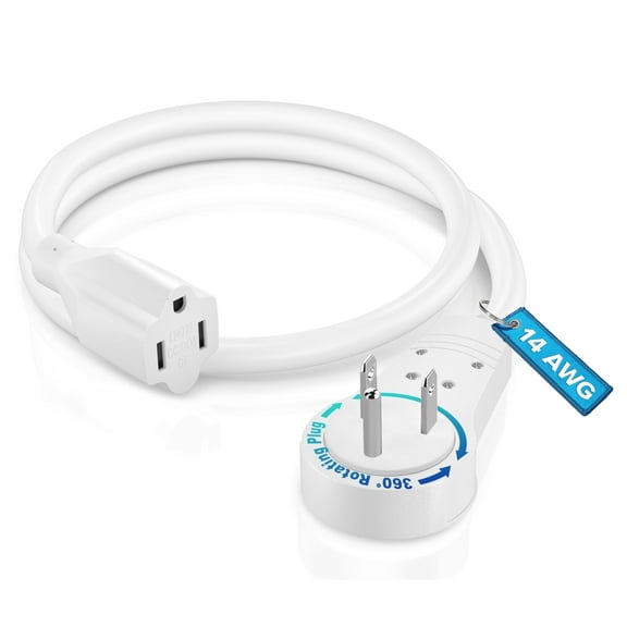 Maximm Cable 2 Feet 14Awg 360° Rotating Flat Plug Extension Cord/Wire, 3 Prong Grounded Wire, Heavy Duty Extension Cord - UL Certified - White