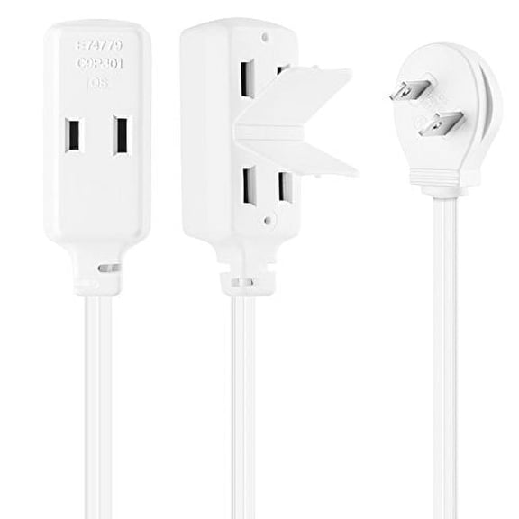 Maximm Cable 2 Foot Flat Plug Extension Cord/Wire, Multi Outlet - Angled Plug Extension Cord with Safety Water Proof Cover - 3 Pack- White